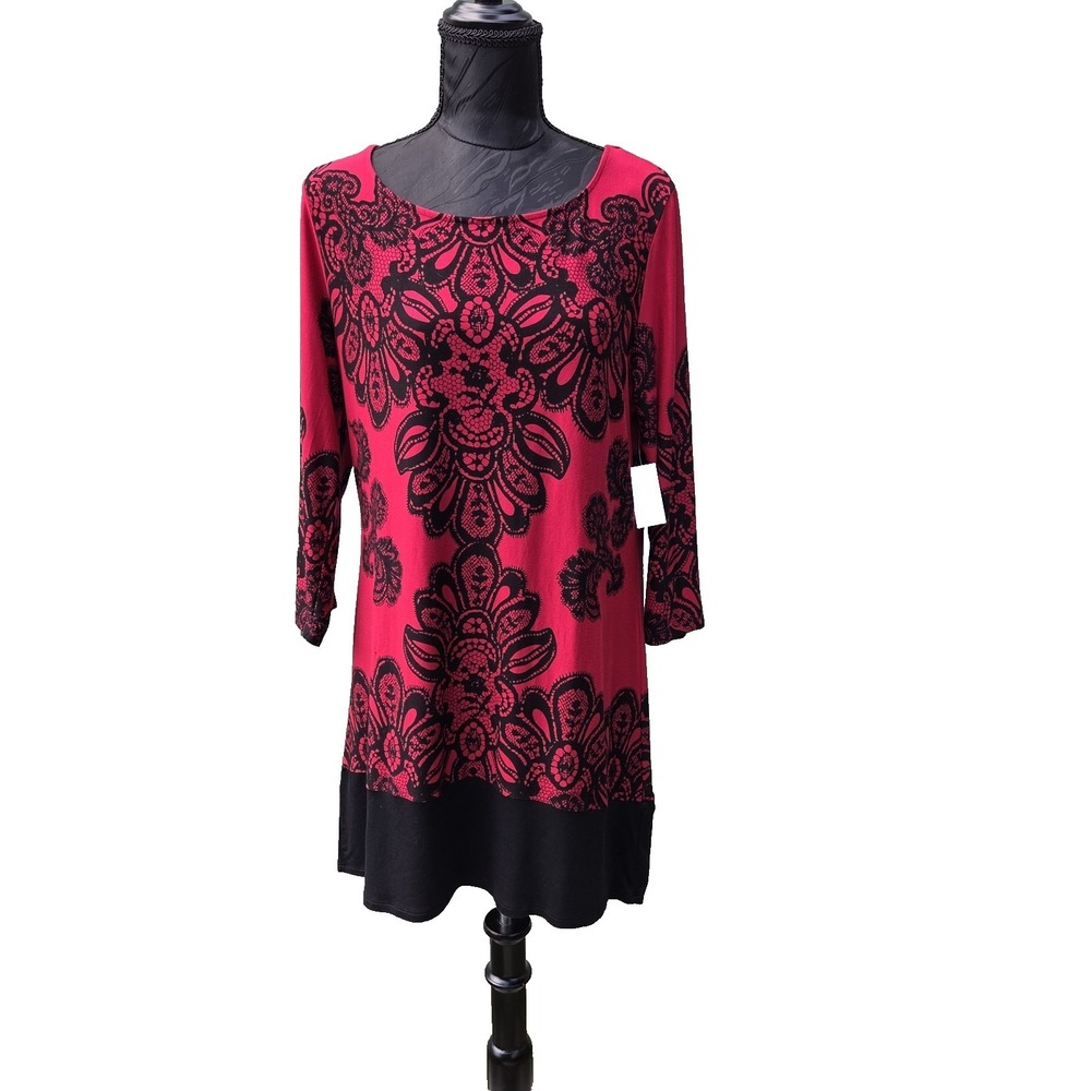 Soma Live Lounge Wear Red Black Lace Print Tunic Top Medium 3/4 Sleeve Comfy NWT